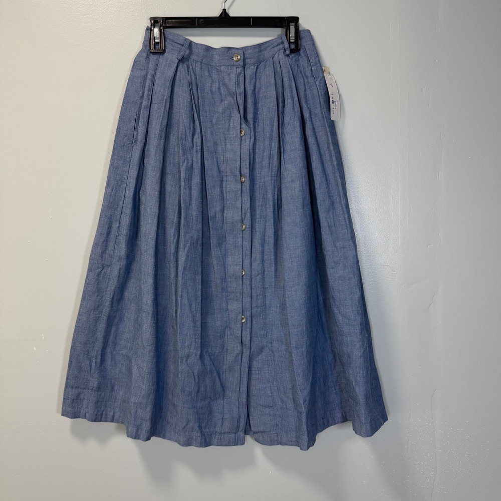 Vintage Pinot Noir Blue Cotton Chambray Midi Skirt Size 11 Button Front Pleated